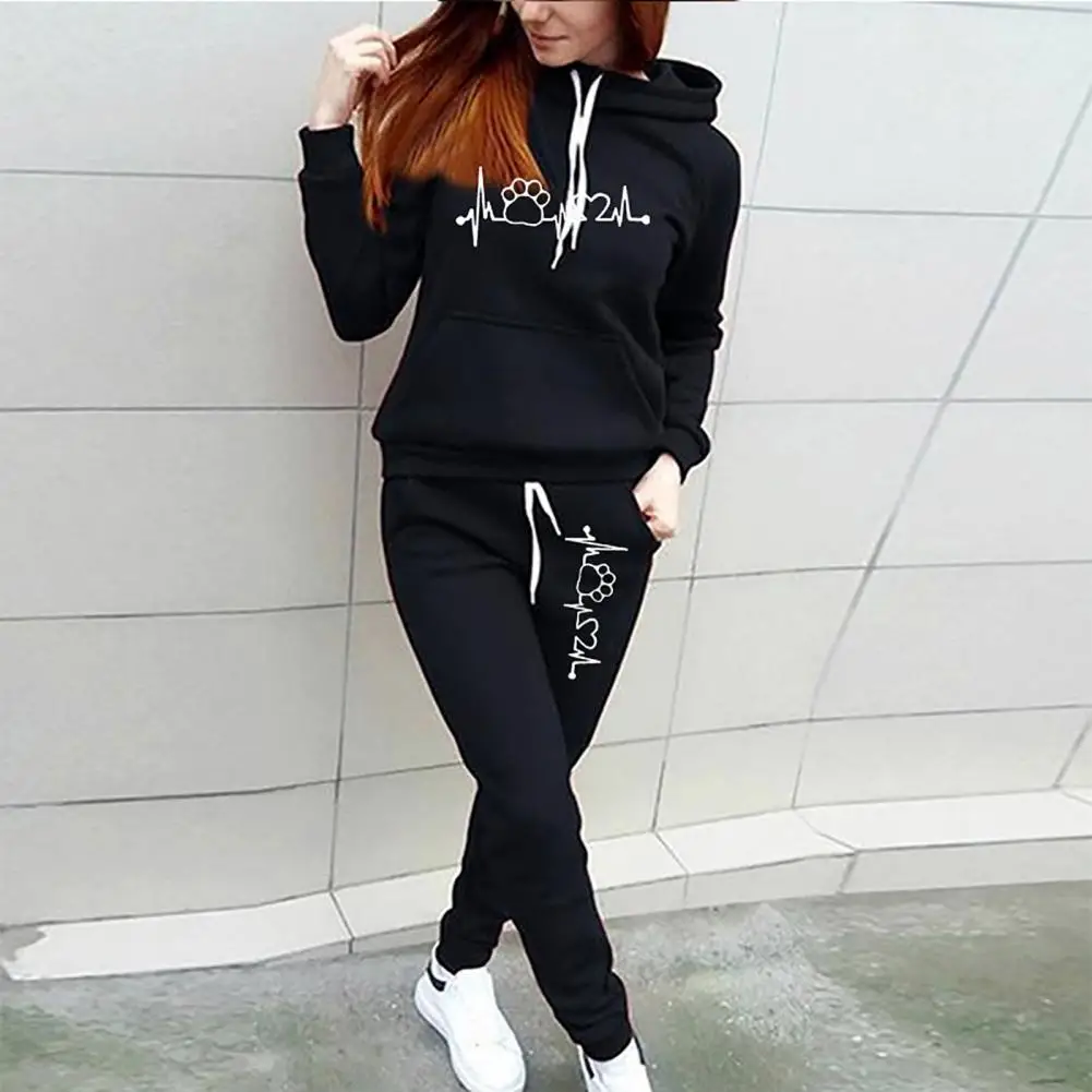 Fashion Sweatshirt Pants Set 3D Cutting Sport Outfit Mid-rise Fall Winter Hooded Slim Fit Casual Tracksuit Cold Resistant