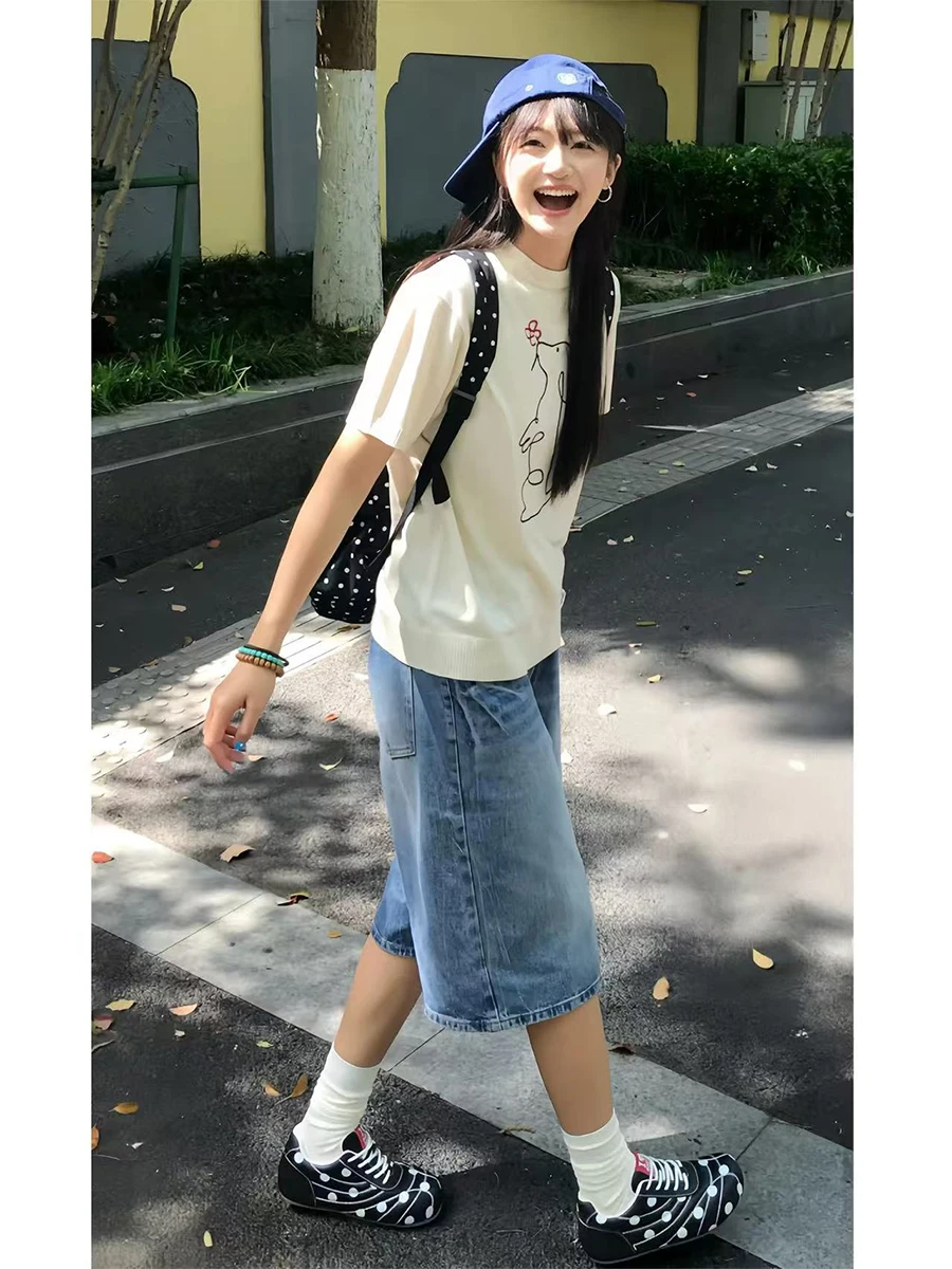 

plus Size American Style Blue Seven-Five Denim Jeans Women Summer Loose High Waist Slim Straight Wide Leg Mid-Length Pants