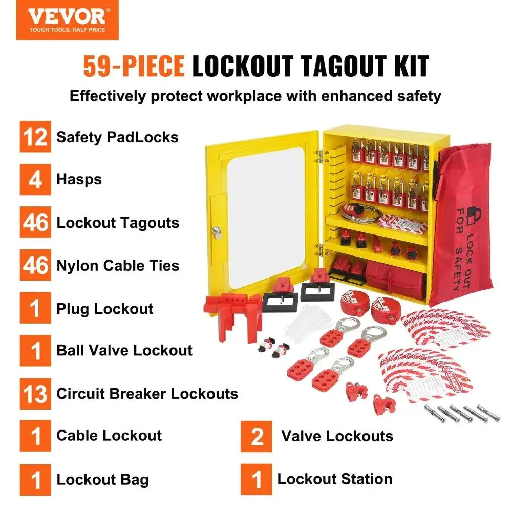Electrical Lockout Tagout Kit 59PCS Safety Lockout Station with Padlocks Hasps Tags Ties Plug Circuit Breaker Cable