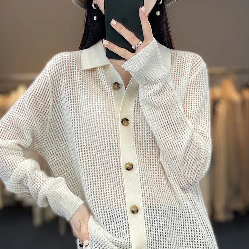 

Spring and summer new style women's cardigan 100% pure wool long sleeve POLO collar coat women's casual slim fashion blouse