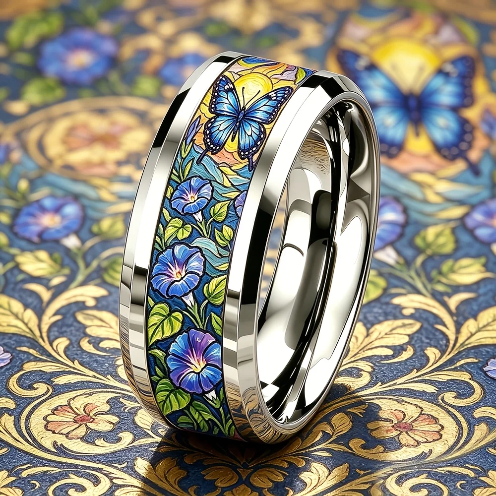 Romantic Pattern Ring, Blue Oil Painting Stained Glass Style Floral Stainless Steel Ring, Wedding Party Jewelry Gift