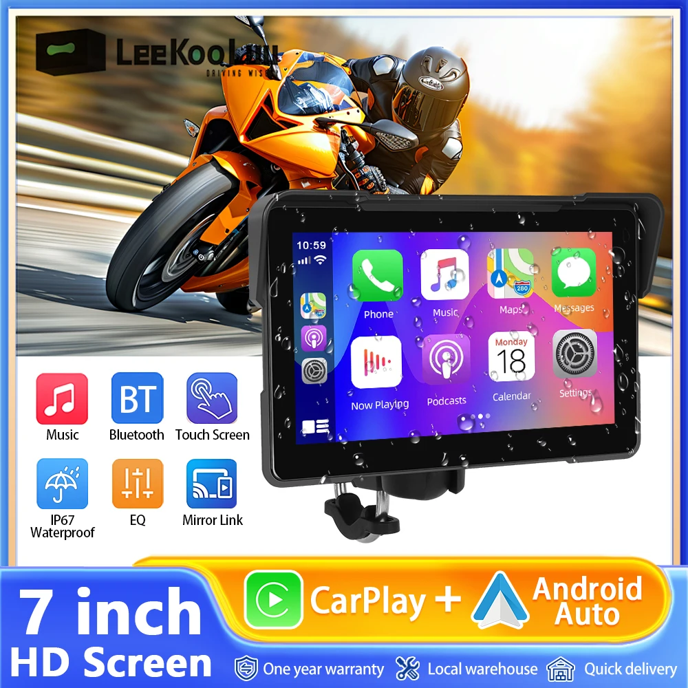 Lecteur CarPlay moto sans fil, écran 7 ", Bluetooth 5.0, Android Auto, écran étanche IP67, tourisme