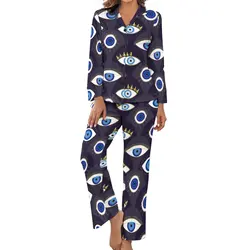 Evil Eye Print Pajamas Long Sleeve Protect Me Two Piece Casual Pajama Sets Spring Womens V Neck Kawaii Sleepwear