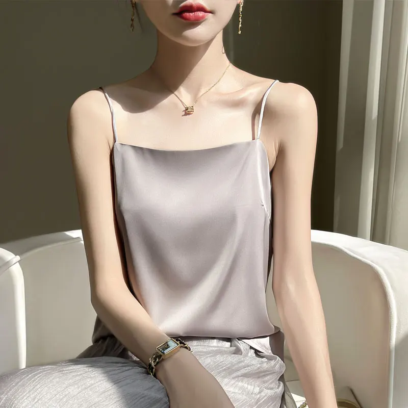 Suspended Tank Top Women\'s Suit Bottom Imitation Silk 25 New Versatile Bottom Shirt Satin Thin Sleeveless Fashion Korean Edition