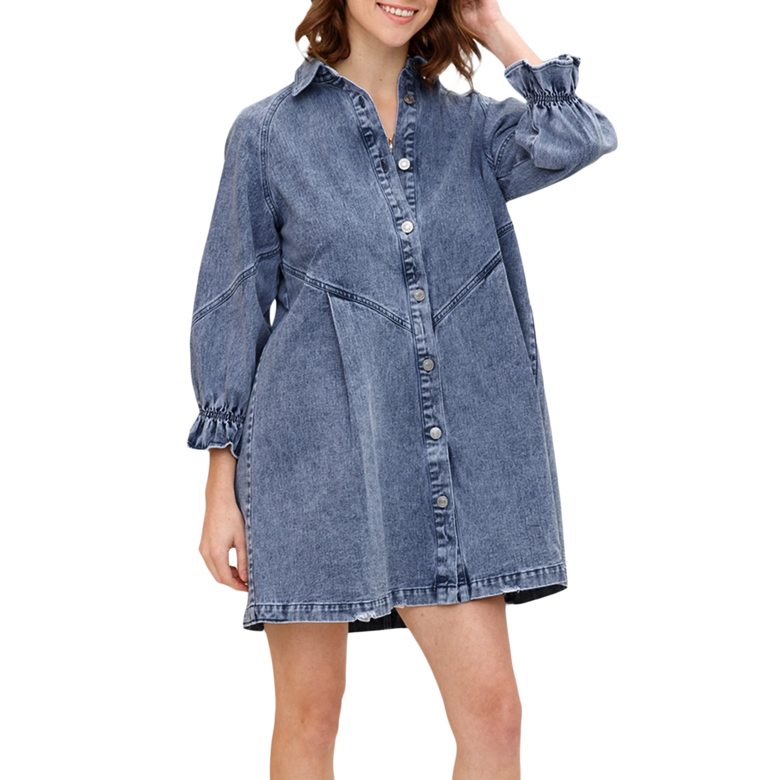 Women’s 3/4 Lantern Sleeve Dress Fashion Solid Color Lapel Button High Waist Loose Denim Dress