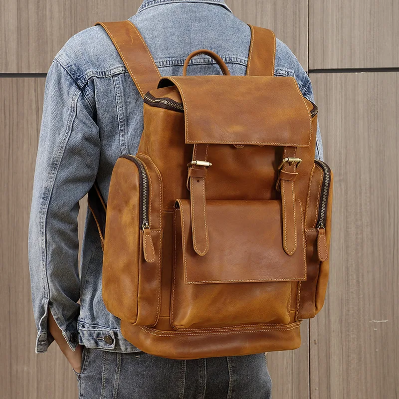 New Premium Men's Vintage 17-inch Laptop Backpack - Full-grain Crazy Horse Leather Travel Bag with Large Capacity