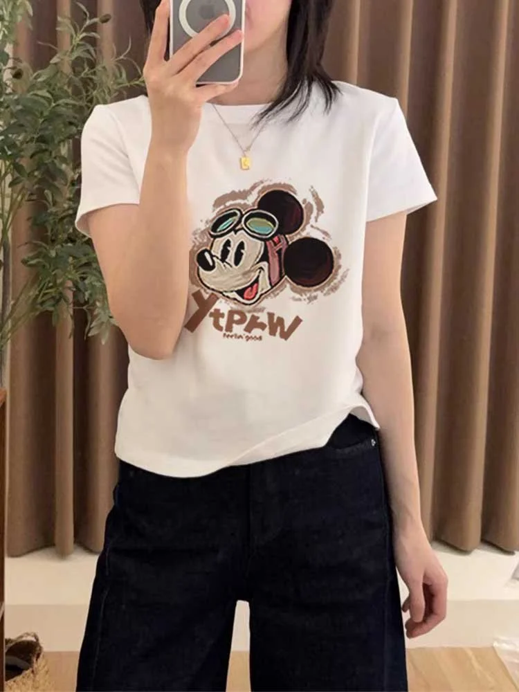 The 2025 New Shoulder-length Pure Cotton Printed Short-sleeved T-shirt for Women's Wear in Korean Style Is Fashionable, Loose