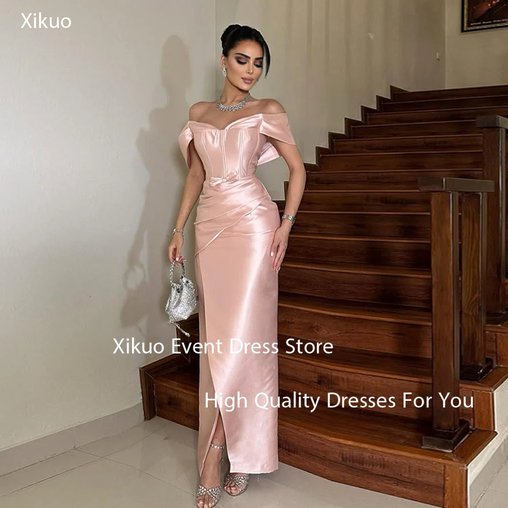 

Xikuo Graceful Pink Satin Evening Gowns A Line Slit Robe Cocktail Femmes Pleated Off The Shoulder Party Prom Dresses Customized
