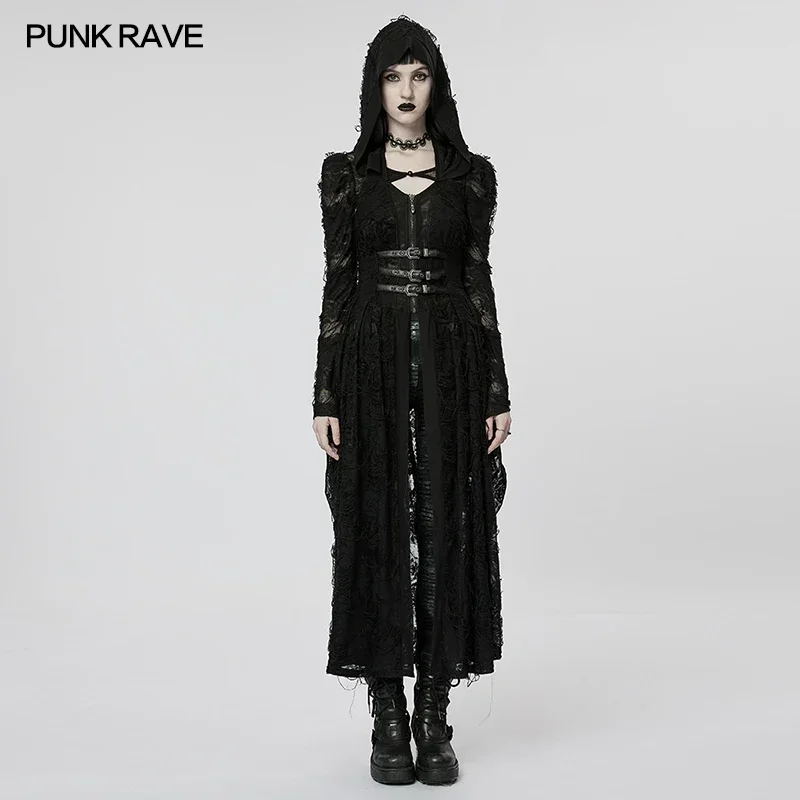 PUNK RAVE Women's Dark Gothic Knitted Coat Independent Two-piece Design Rose Pattern Halter Neck Hooded Long Dress