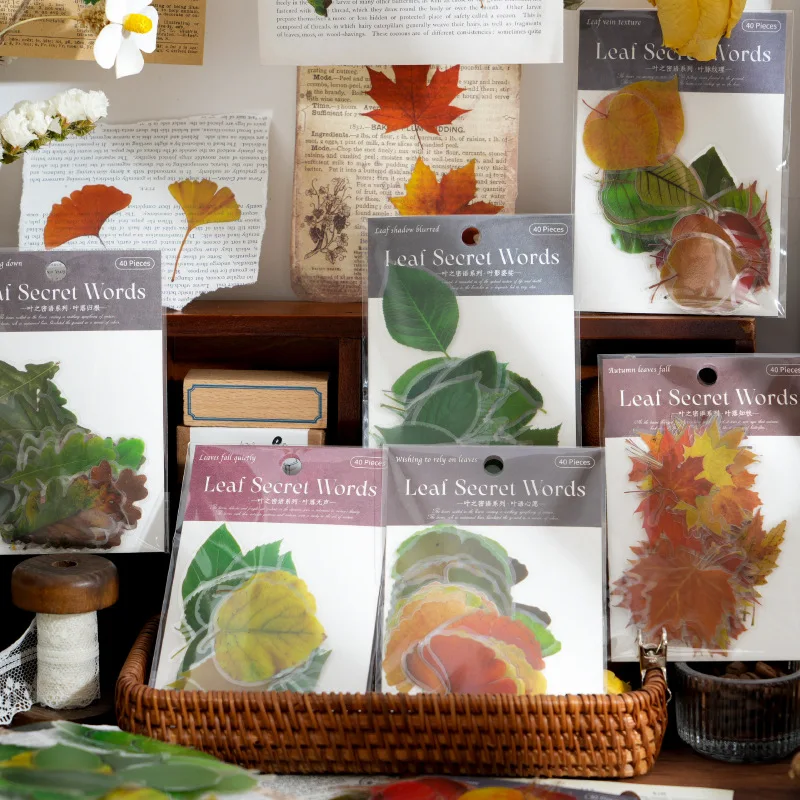 40 Pcs/Pack Leaf Whisper Series Sticker Pack, Leaf Themed Decorative DIY Supplies for Journal Scrapbook