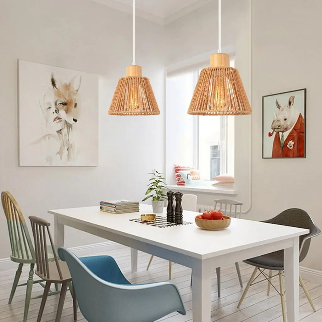 Boho Rattan Pendant Light Fixture Vintage Industrial Hand Woven Hemp Rope Hanging Lamp Retro Wicker Basket Ceiling Chandelier