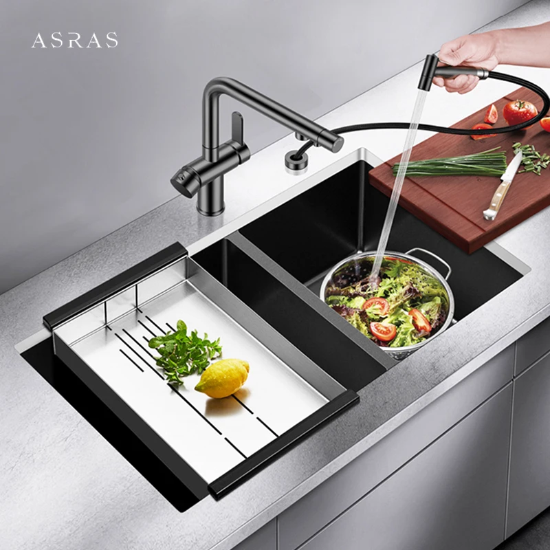 ASRAS Nanometer Black Large Size Double kitchen Sink SUS 304 Stainless Steel Handmade 4MM Thickness Undermount Kitchen Sinks