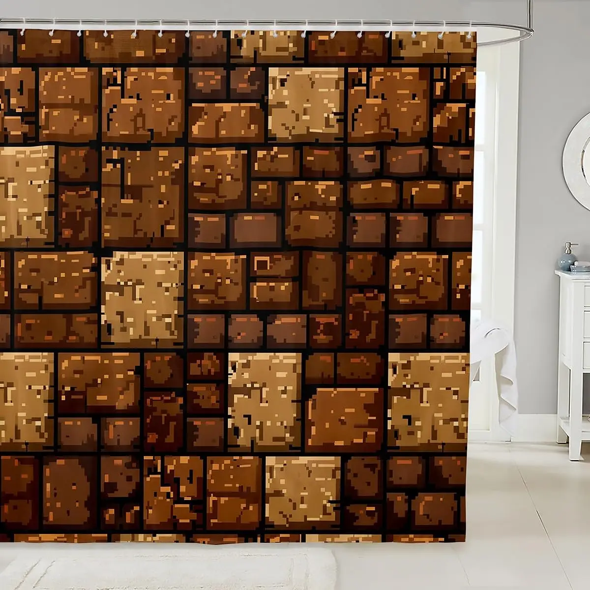 Brown Stone Wall Shower Curtain, Trendy Pixel Splicing Grid Block Design, Retro Video Game Style, Waterproof Polyester Fabric