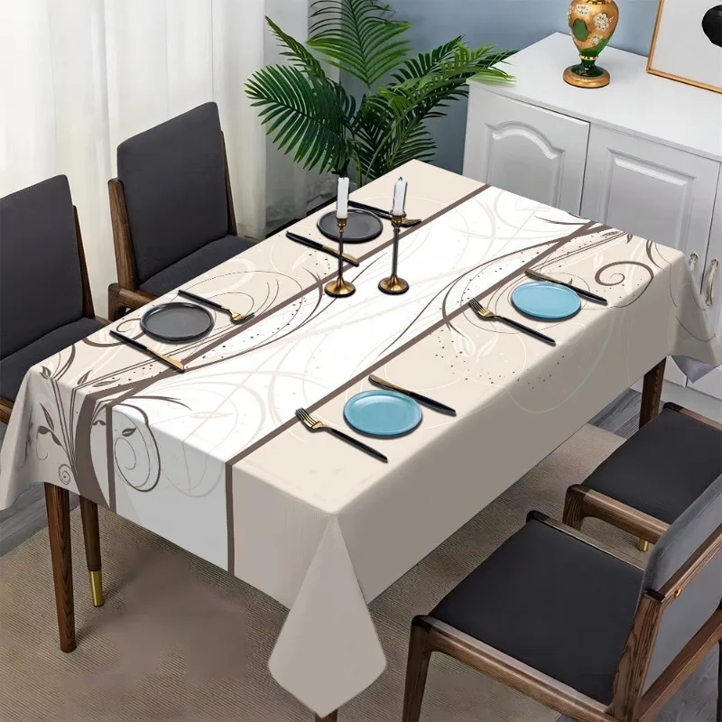 1pc Elegant Vine Print Tablecloth - Cream and Beige Rectangular Table Cover with Artistic Style