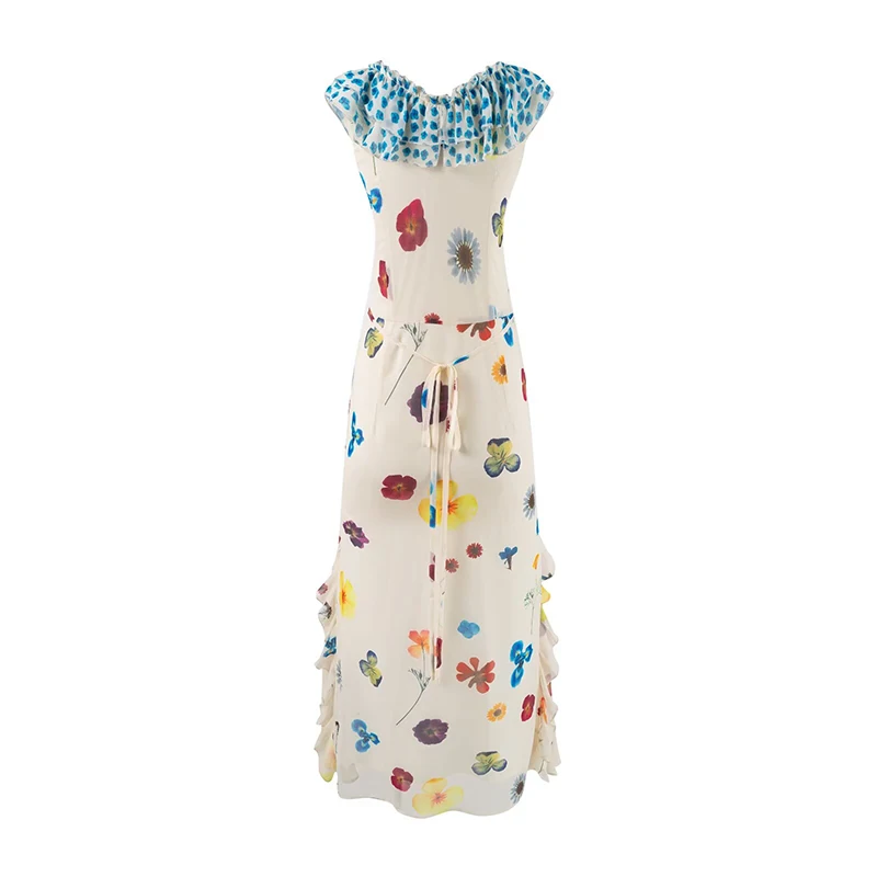 YENKYE الحلو الأزهار طباعة عطلة فستان طويل لعام 2026 المرأة كشكش بلا أكمام الخامس الرقبة ألف خط فساتين الصيف ماكسي رداء #2
