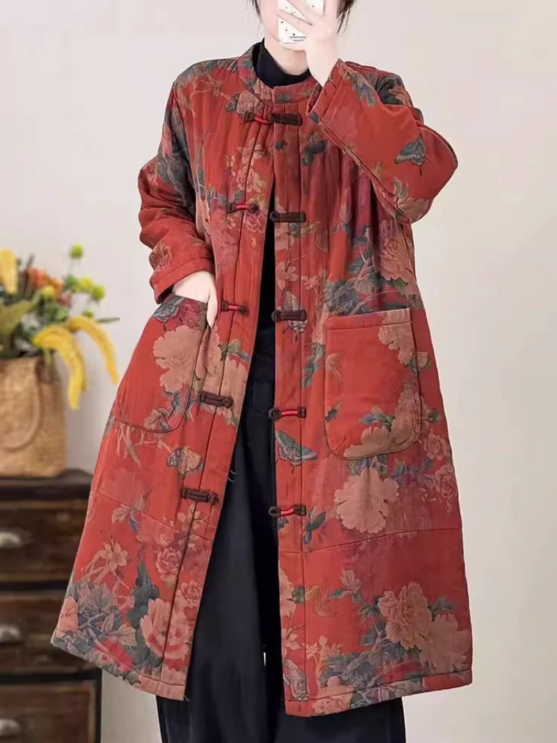 Autumn/Winter Women's Cotton Coat Medium Long Art Retro Plate Buckle Printed Chinese Ethnic Style Jacket for 2026