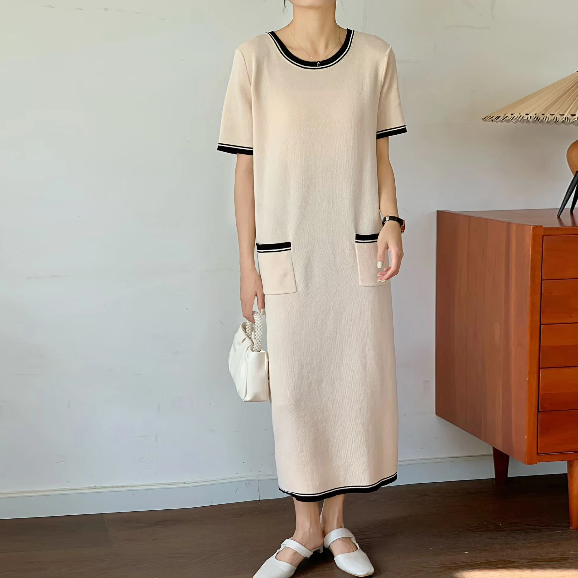 

Chic Knitted Casual Stripe Dress Women's round Neck Summer Dress Korean Style Polyester Fiber 100% Regular Sleeve Women's Dress
