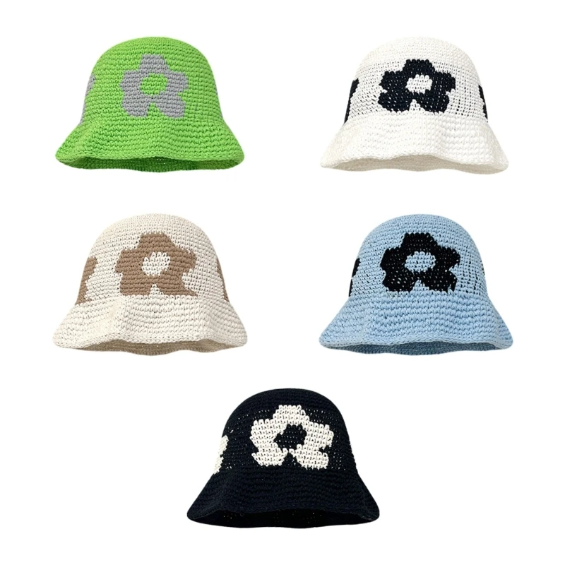 

Knit Flower Bucket Hat for Woman Breathable Multi-color Weaving Wide Brim Bucket Hat Adult Teens Summer Fisherman Cap