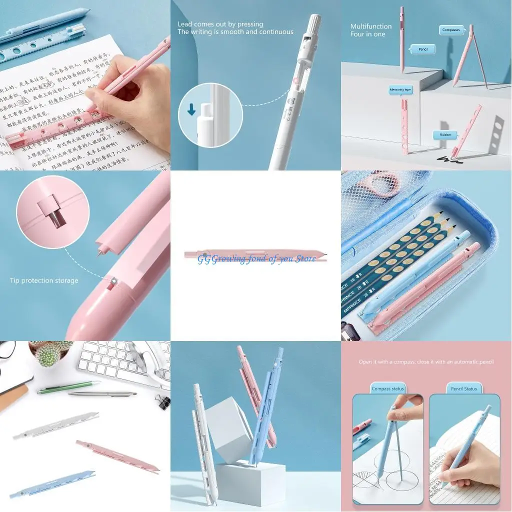 H9EB Multifunctional Geometry Drawing Measuring Tools 4 in 1 Rular Pencil Student Geometry Math for Office