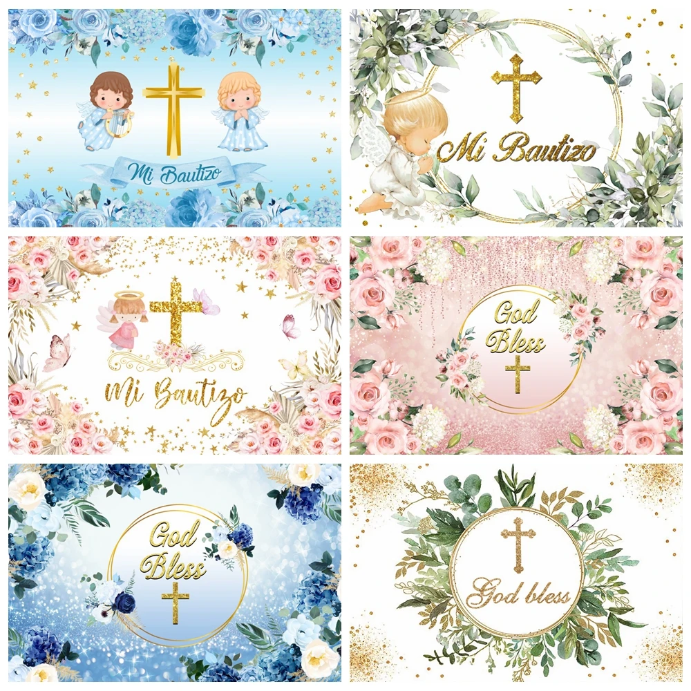 My First Holy Communion Backdrops Angel Crucifix Green leaf Flowers Chalice Newborn Baptism Photo Background Custom Christening