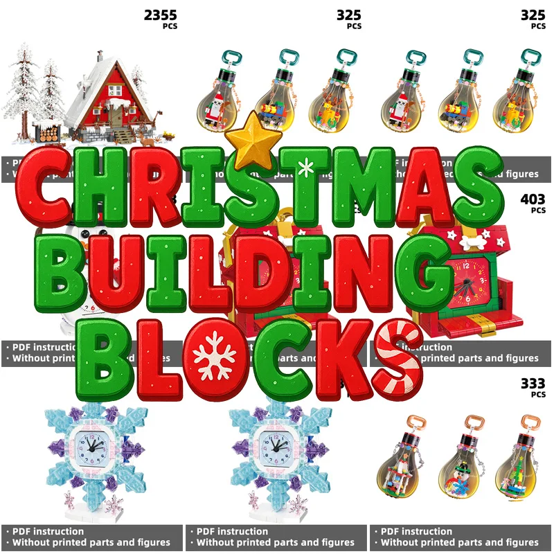 

Christmas Themed Building Blocks Collection - Diverse Kits (Cabin, Light Bulb Ornaments)，Assorted Christmas Building Bricks