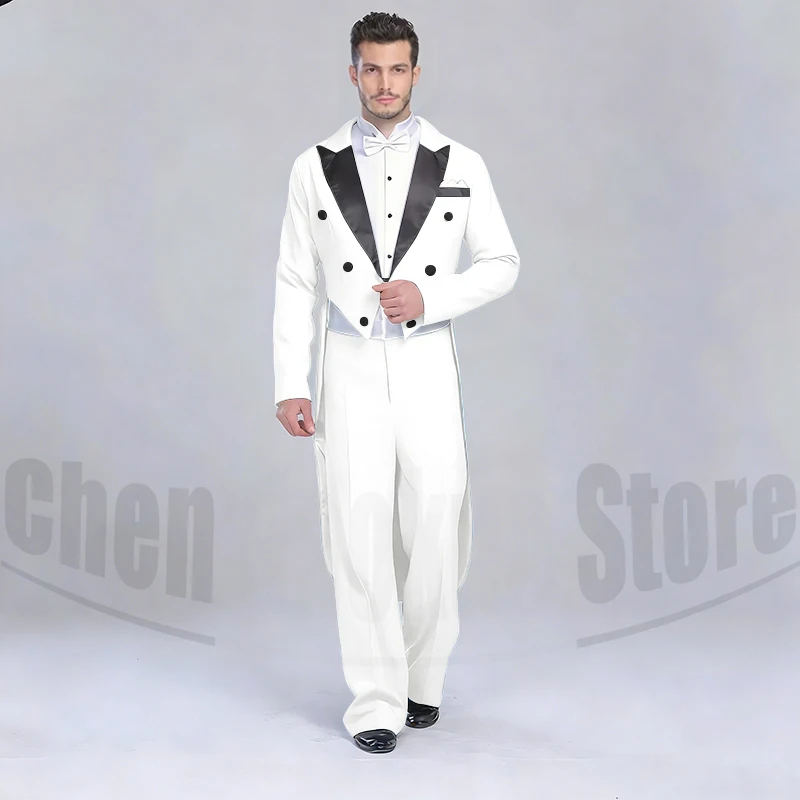 Elegant Black Solid Men Suits 2 Piece Fashion Satin Peak Lapel Standard Dance Tailcoat Party Prom Male Suits Slim (Jacket+Pants)
