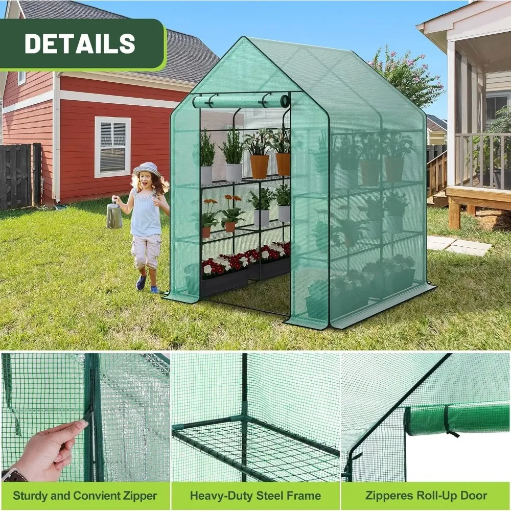 Walk-in Greenhouse for Outdoors, 57 x 57 x 77 inch, Portable PE Cover Greenhouse with Anchors and Ropes Indoor Outdoor-3 Tier 8