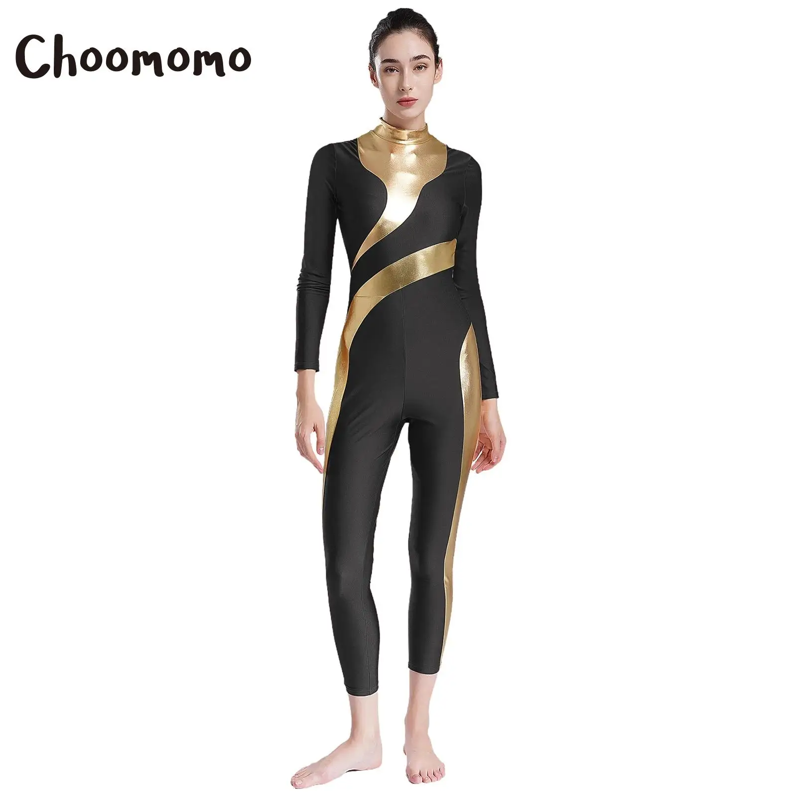 Womens One Piece Dance Gymnastics Unitard Shiny Metallic Mock Neck Long Sleeve Ballet Skating Leotard Jumpsuit Full Bodysuit