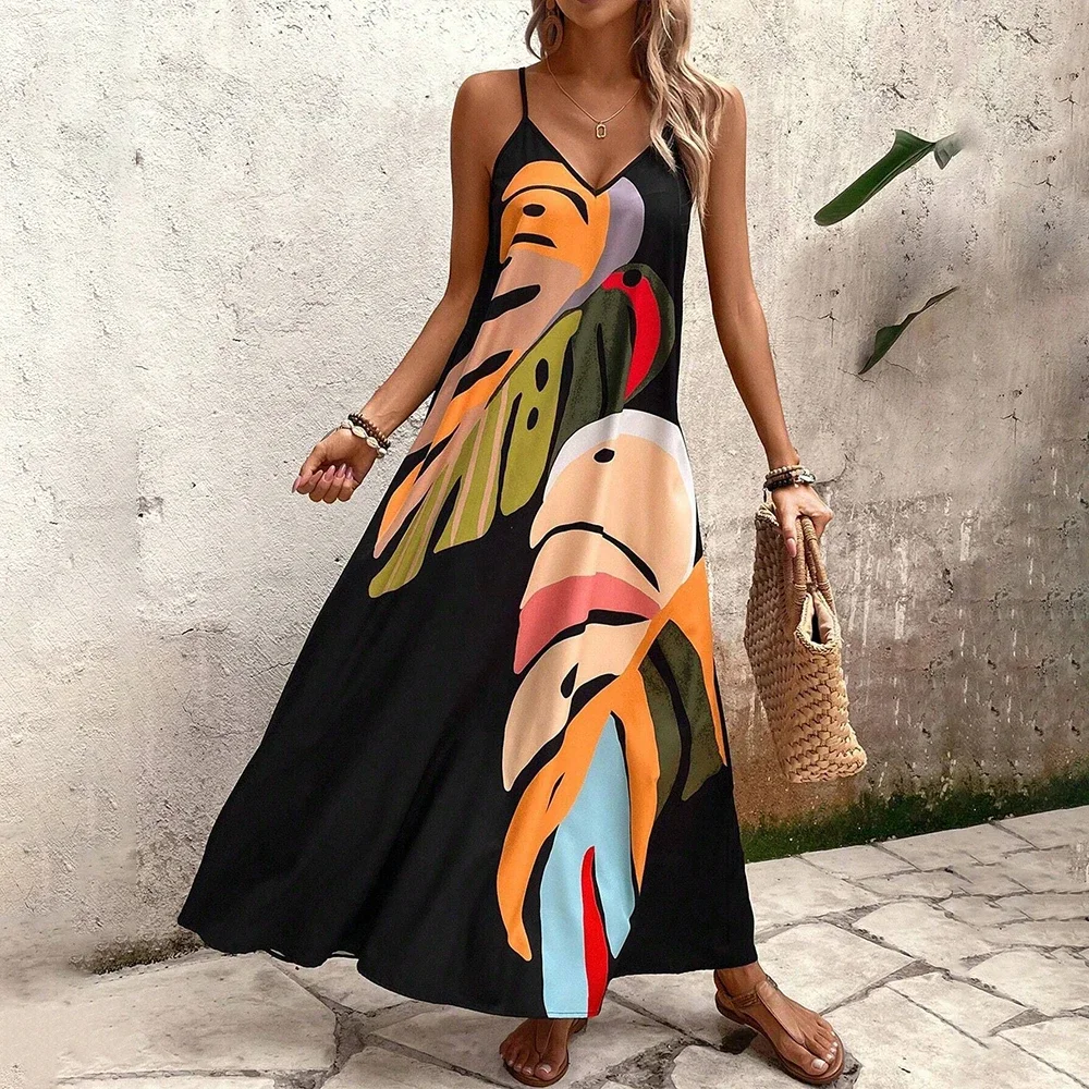 Boho da donna stampato floreale con scollo a V spaghetti canotta maxi abito estivo da donna senza maniche spiaggia vacanza vestito estivo taglia S-2XL