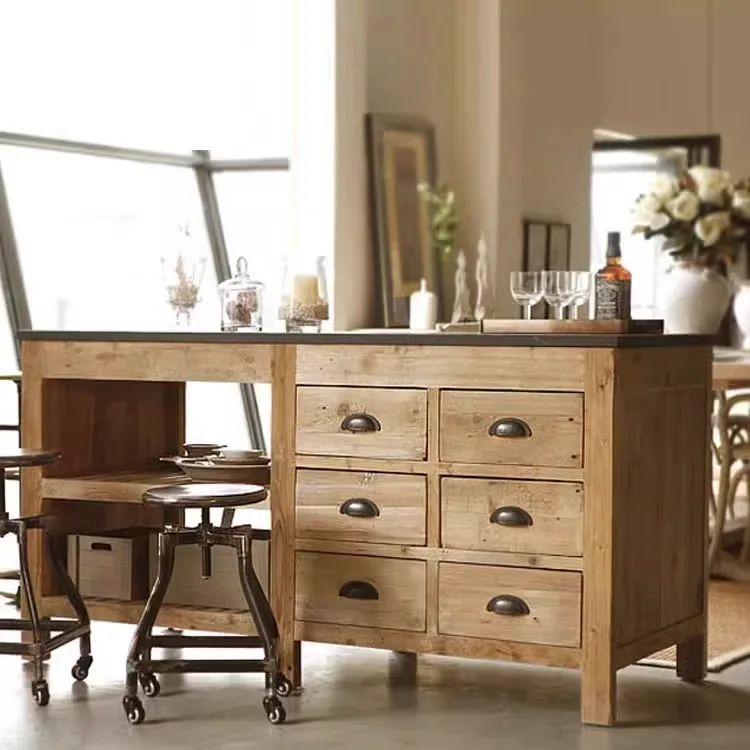 

American multifunctional retro solid wood dining side cabinet, cupboard, creative kitchen, mid-island platform, operation table,