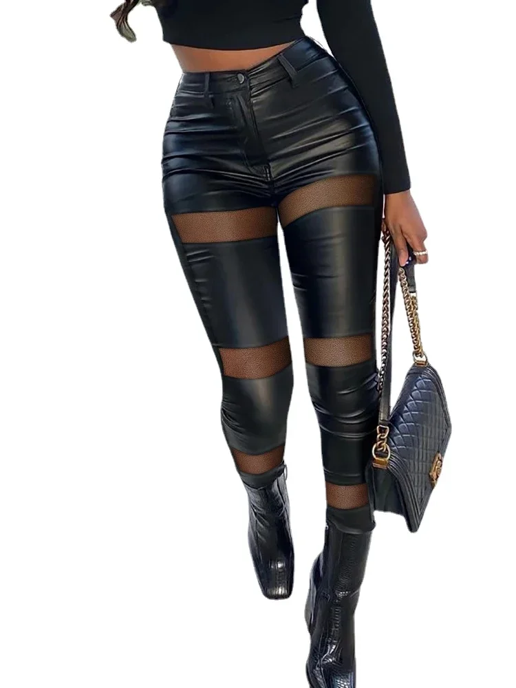 2025 Autumn Femme High Waist Buttoned Trousers Outfits Lady Blcak Mesh Patchwork Pants Women PU Leather Skinny Trousers Pants