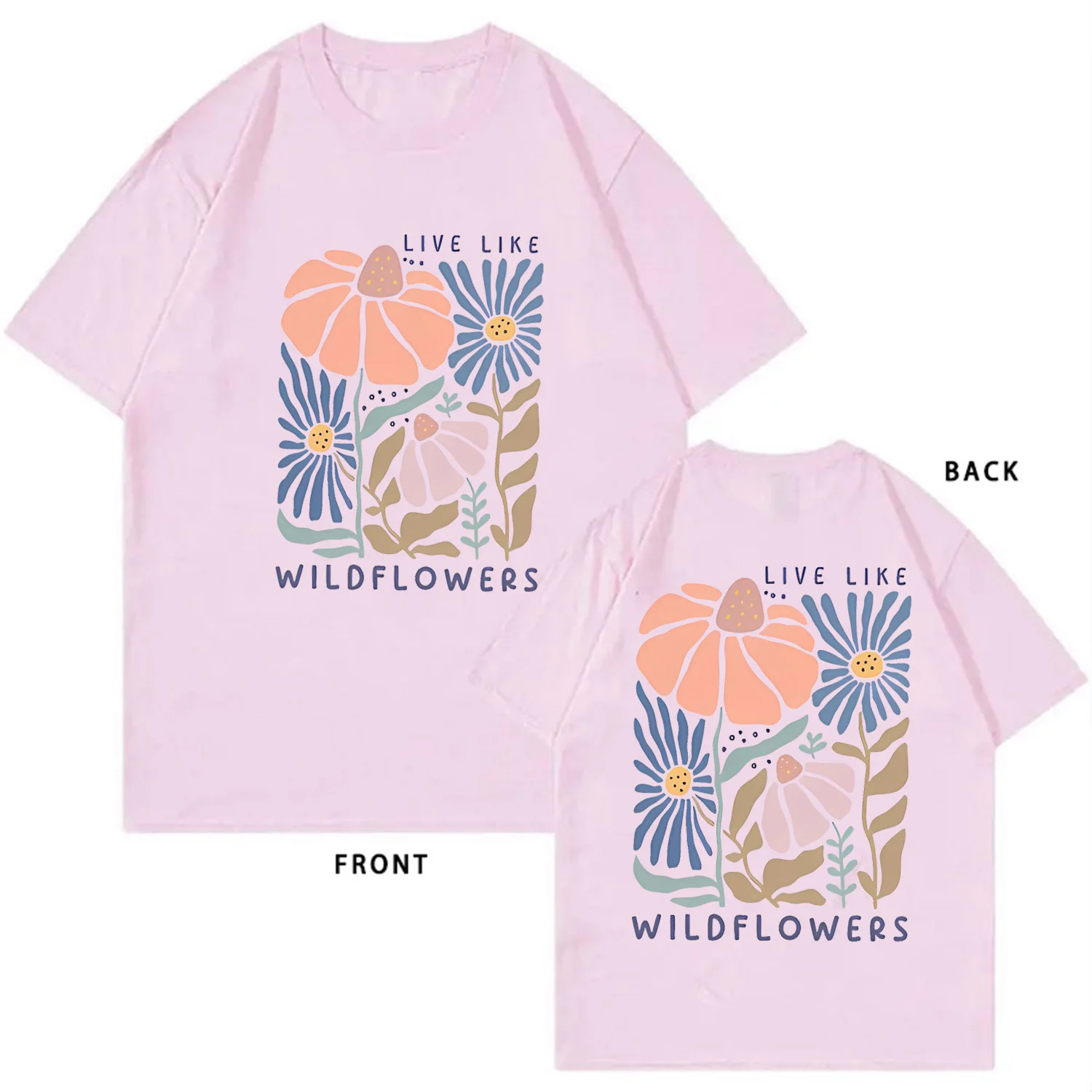 Camiseta com estampa floral estilo boêmio, camisa com estampa de flores silvestres, camisa de manga curta, 100% algodão, blusa feminina estampada nas costas, gótica