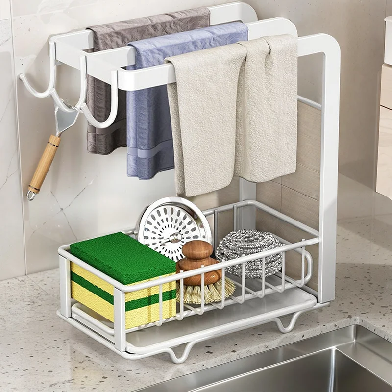 Kitchen Wall-mounted Storage Rack Dishwashing Cloth Drainage Shelf Sponge Steel Ball Storage Organizer