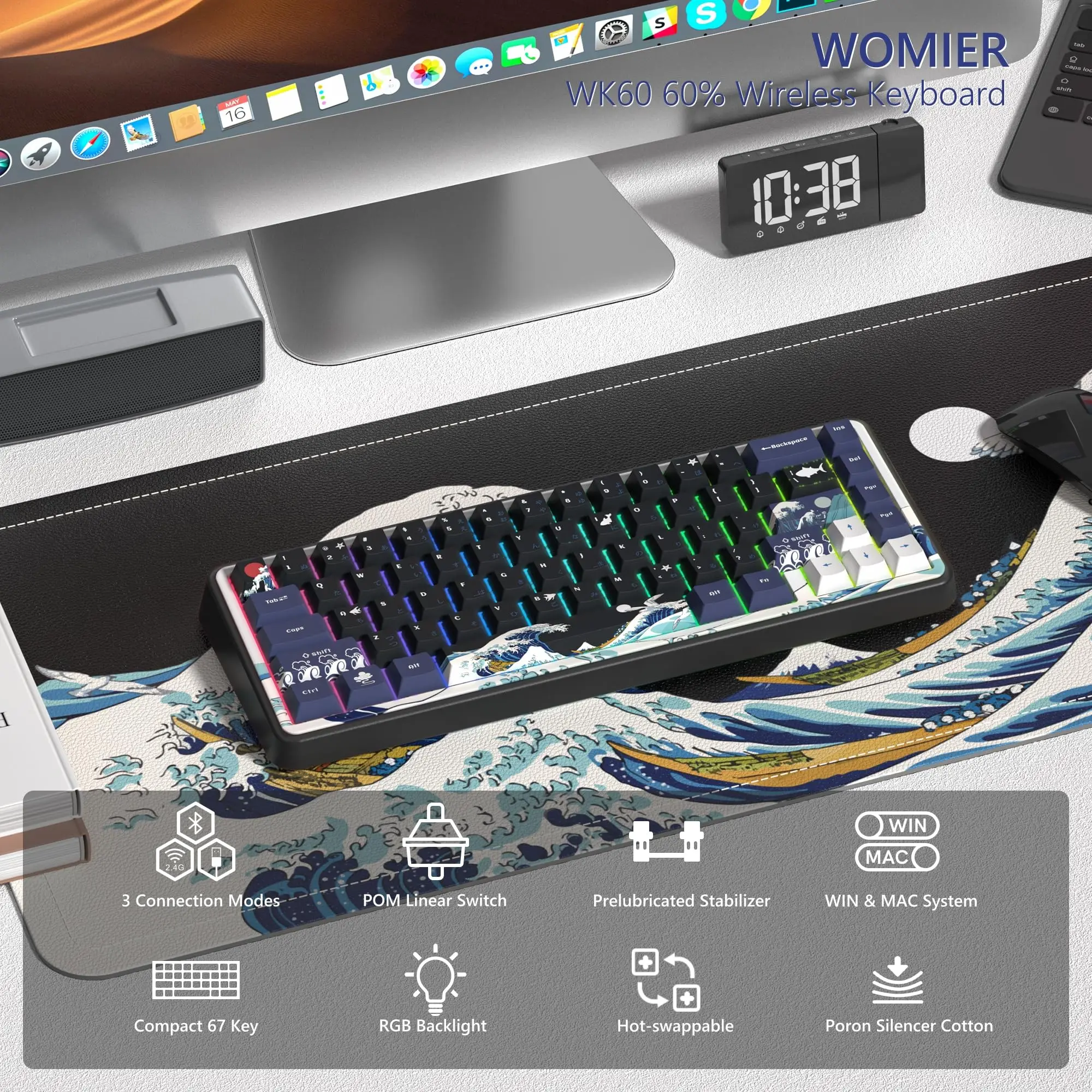 Womier WK60 Kanagawa Theme Wireless Mechanical Keyboard 3 Mode Gamer Keyboard Hot Swap Gasket RGB Backlit Keyboard for Win Mac