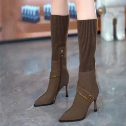 Women Knee High Boots High-heeled Fashion Boots Sexy Pointed Toe Long Socks Shoes Autumn Winter Thin High Heeled Elastic Boots