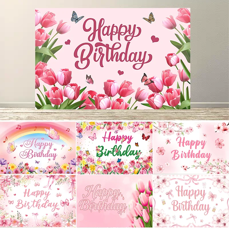 Dewprint Tulip Birthday Backdrop Pink Floral Butterfly Cherry Blossom Photography Background Girls Women Party Banner Decor Prop