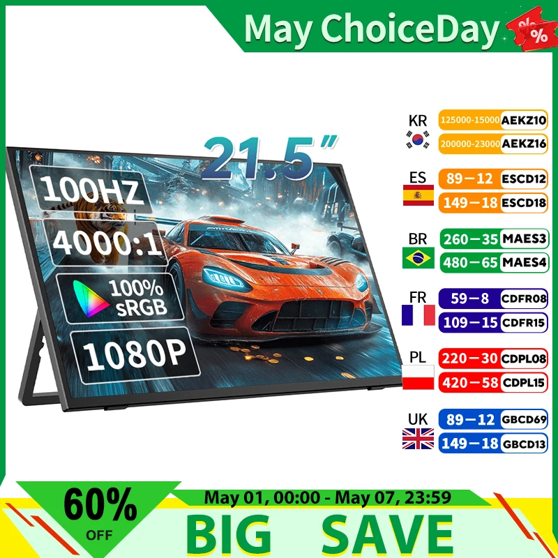 HGFRTEE Tragbarer Monitor 21,5 Zoll 100 Hz FHD Tragbarer Gaming-Monitor mit VESA-Loch USB C Mini HDMI Sekundenbildschirm für Unternehmen