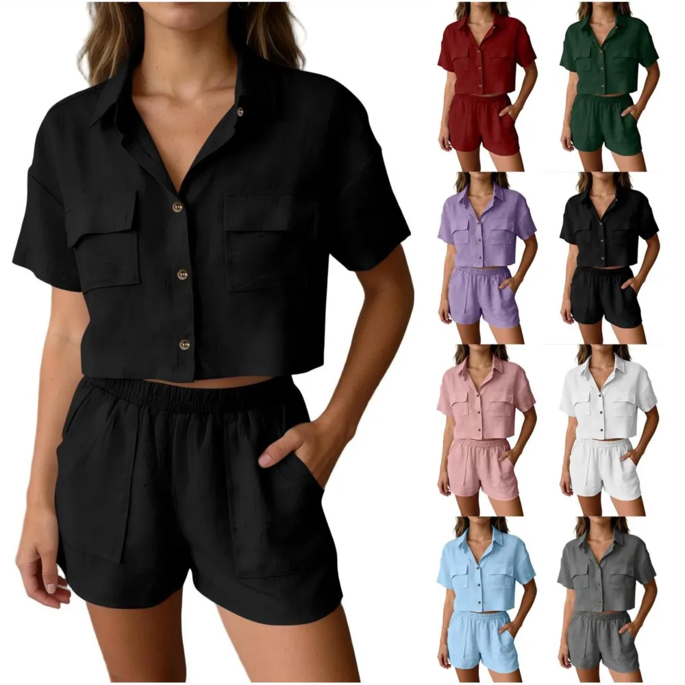 

2026 All-match Two Piece Outfit 2 Pieces Set For Woman Women's Matching Sets Simple Style Casual Shirts Shorts Homewear Vacation