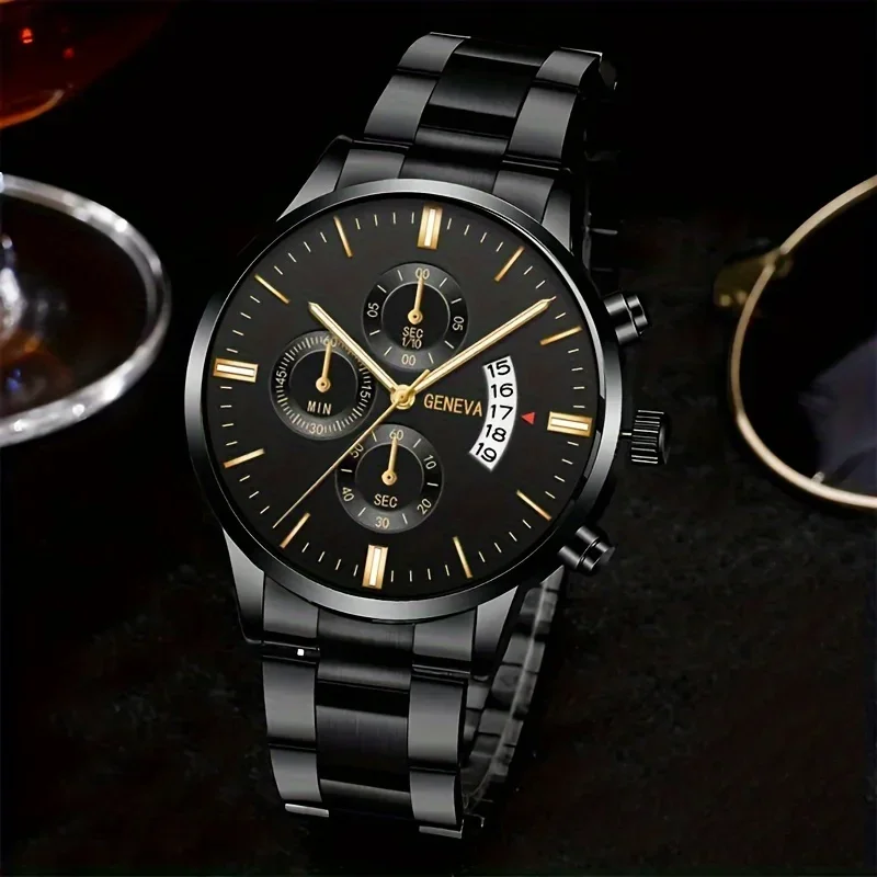 Durable Stainless Steel Mens Quartz Watch - Fashionable Casual Style  Matching Bracelet Set PreciseTimekeeping for the Stylish