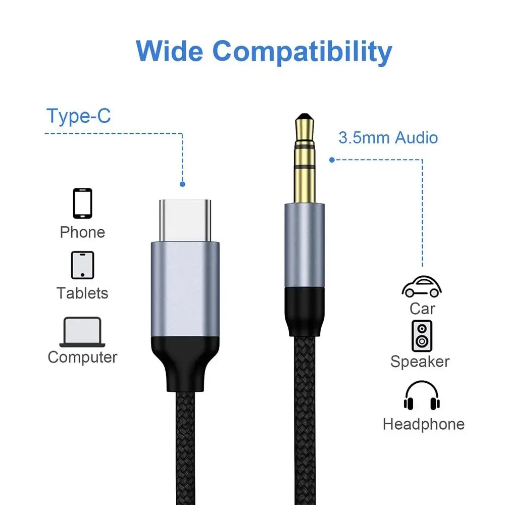 1/2/3 Meters USB Type C to 3.5mm Audio Cable Aux Stereo Audio Cords Car Aux Wires For Headphones Car Home Stereos Speaker