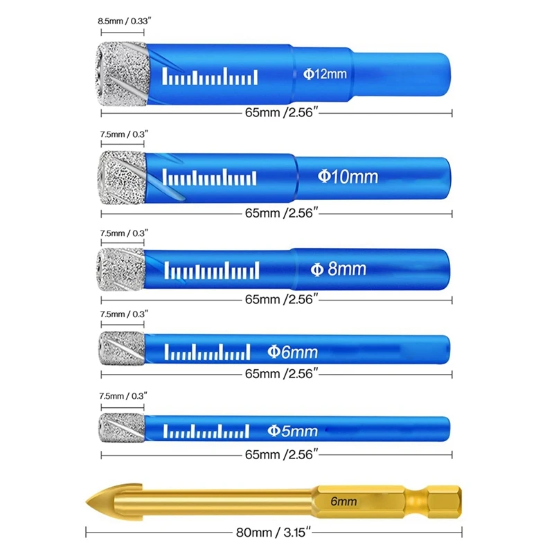 5PCS Dry Diamond Core Drill Bits Kit For Porcelain Tile, Ceramic Drill Bits Kit For Glass Hard Materials, Ceramic