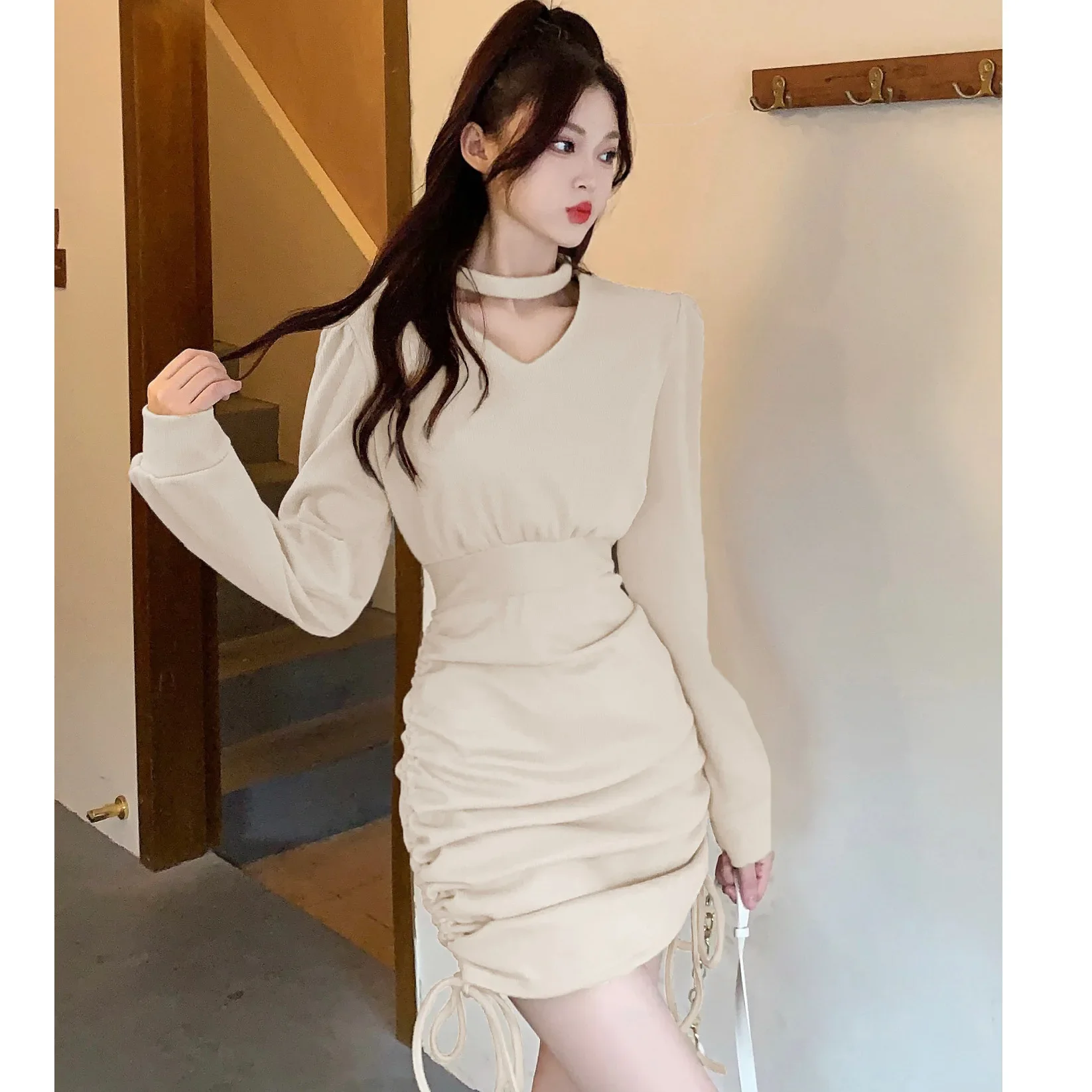 

Women's Sexy Puff Long Sleeve V-Neck Dress High Waist Halter Lace Up Monochromatic Folds Patchwork Bottoming Bag Hip Women Skir