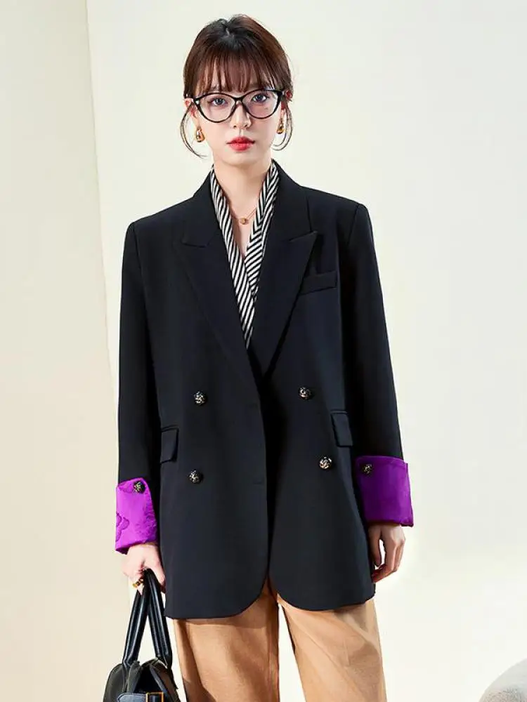 

Autumn Winter Women's Black Patchwork Double-breasted Cardigan Blazer Coat Vintage Loose Long Sleeved Fashion Elegant Office Top