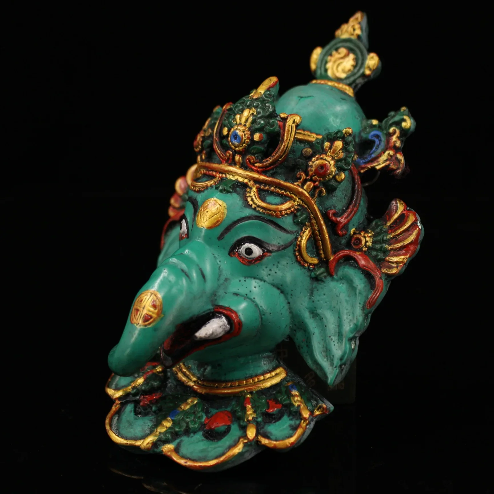 

7"Tibetan Temple Collection Old Lacquerware Painted Outline in gold GANESH Buddha Head Mask Elephant Trunk God of Wealth