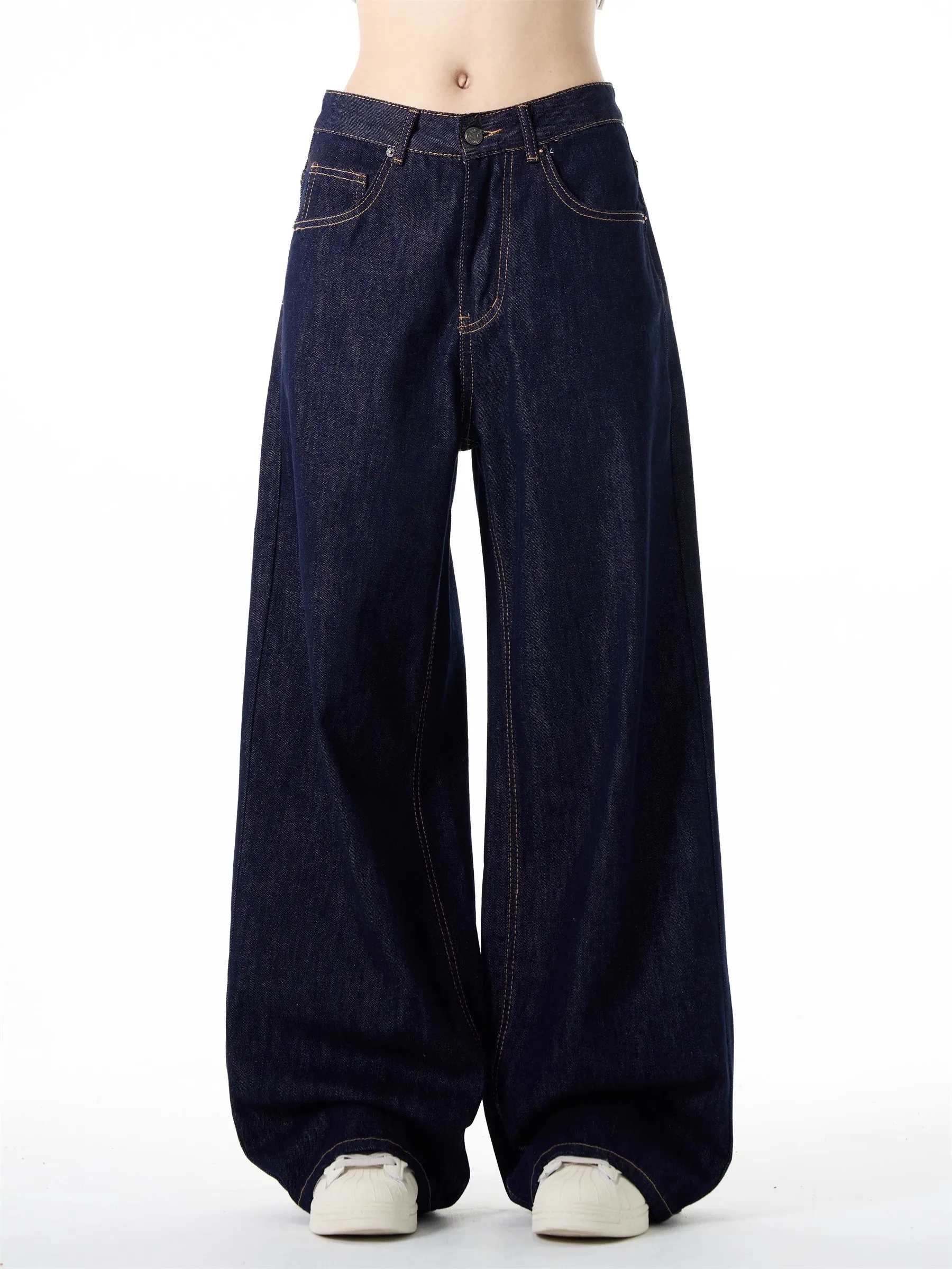 

Y2K Темно-синие джинсы унисекс Уличные широкие брюки Прямые ретро универсальные повседневные свободные брюки длиной до пола