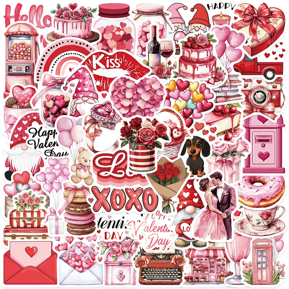 50pcs Cartoon Pink Valentine's Day Stickers Decals For Phone Scrapbook Suitcase Refrigerator DIY Graffiti Aesthetic Stickers