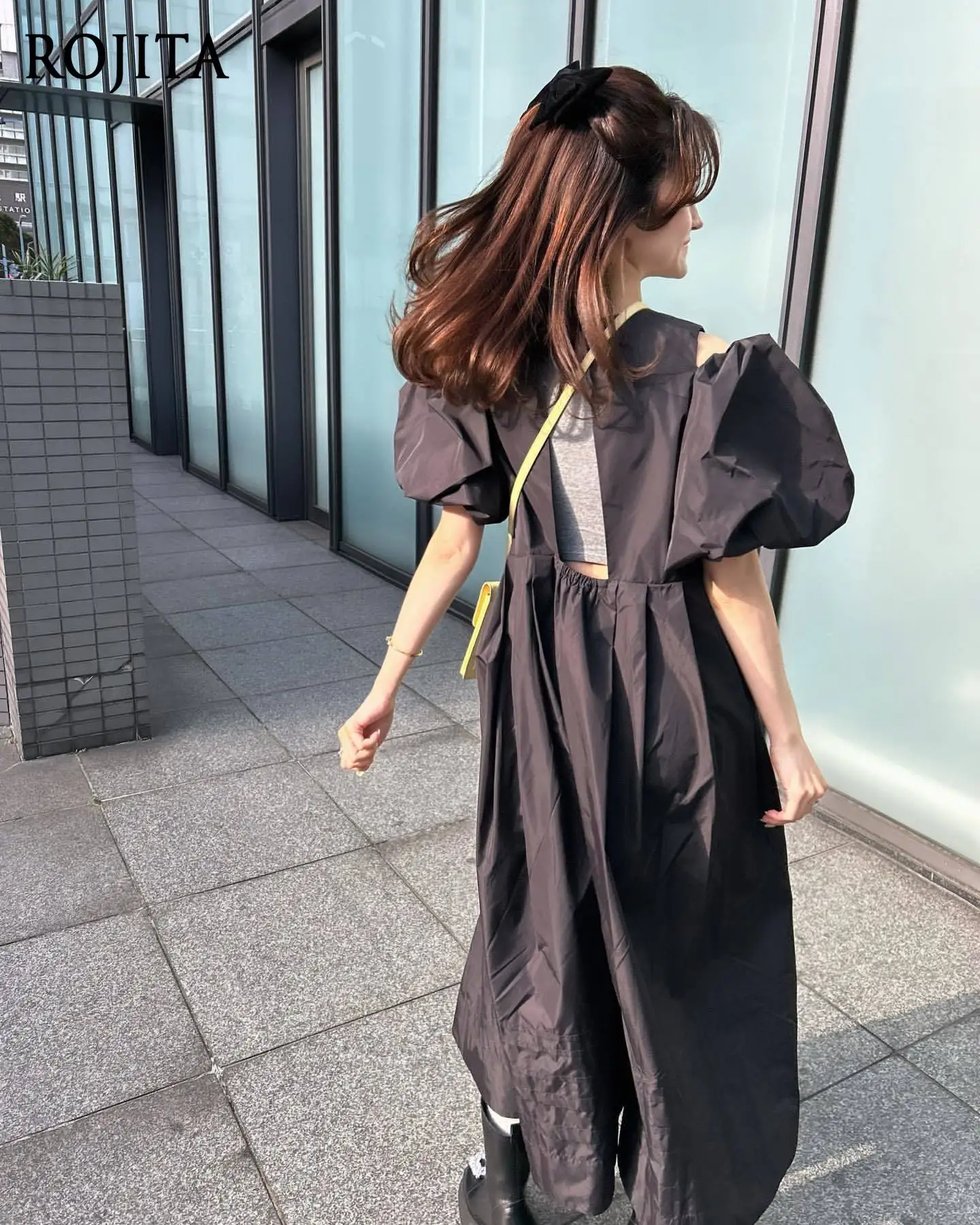 

Puff Sleeve Large Hem Loose Black Dress Summer Round Neck Short Sleeve Pink Dresses for Women