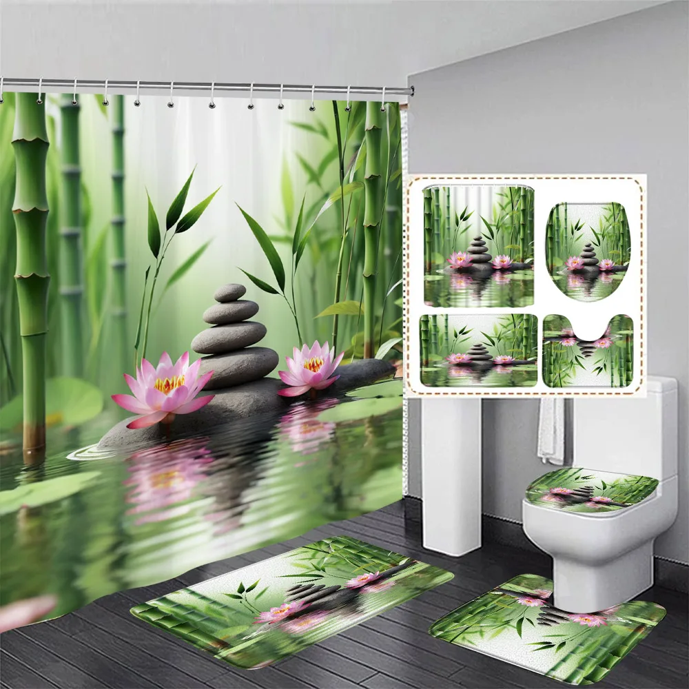 Zen Shower Curtain Set Green Bamboo Lotus Orchid Flower Spa Scenery Modern Bathroom Decor Curtains Bath Mats U-mat Toilet Cover