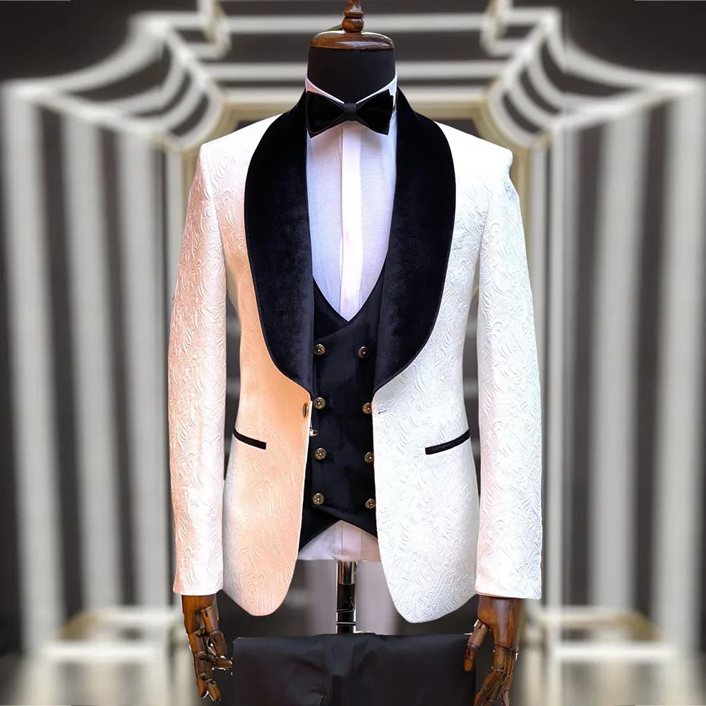 Groom Wedding Suits Fit Slim Velvet Lapel Jacquard Blazer Vest Pants 3 Pieces Spring/Autumn Men's Tuxedo Bespoke Male Clothing