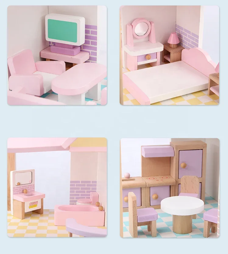 Custom Made Christmas Gift Toy Big Pink Wooden Mini American Girl Doll House Miniature Furniture for Wholesale images - 6